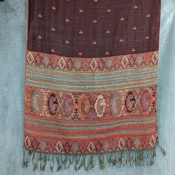 Achillea Reversible Bohemian Pashmina Ethnic Tribal Border Shawl Wrap Scarf - Picture 7 of 8
